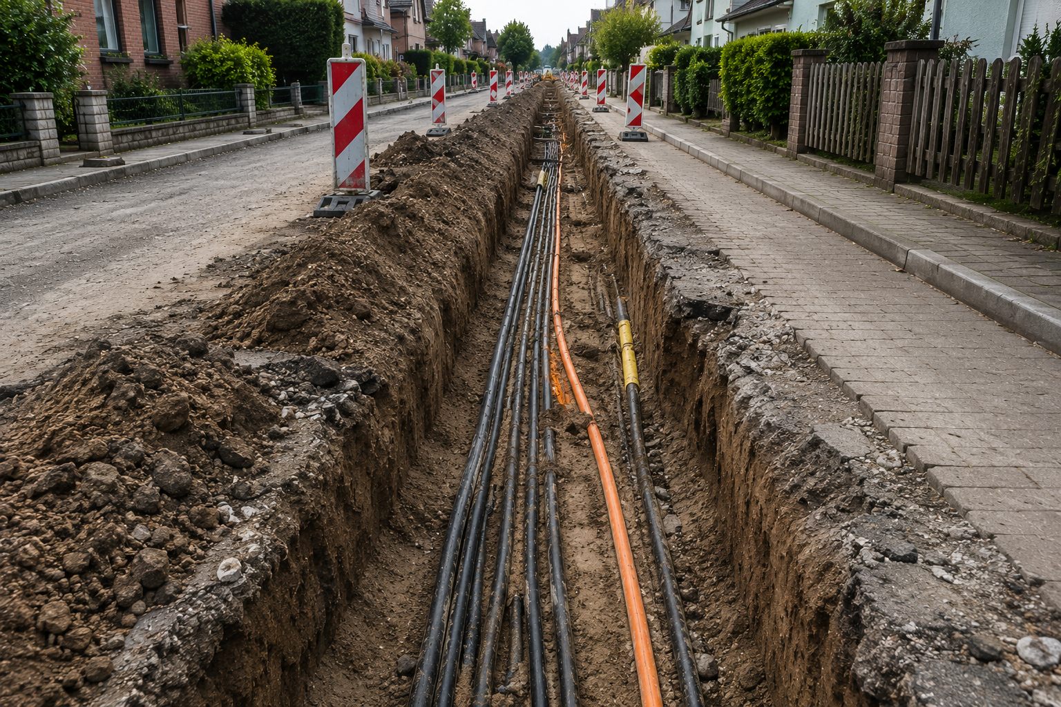 Vorher – offener Leitungsgraben mit Kabeln