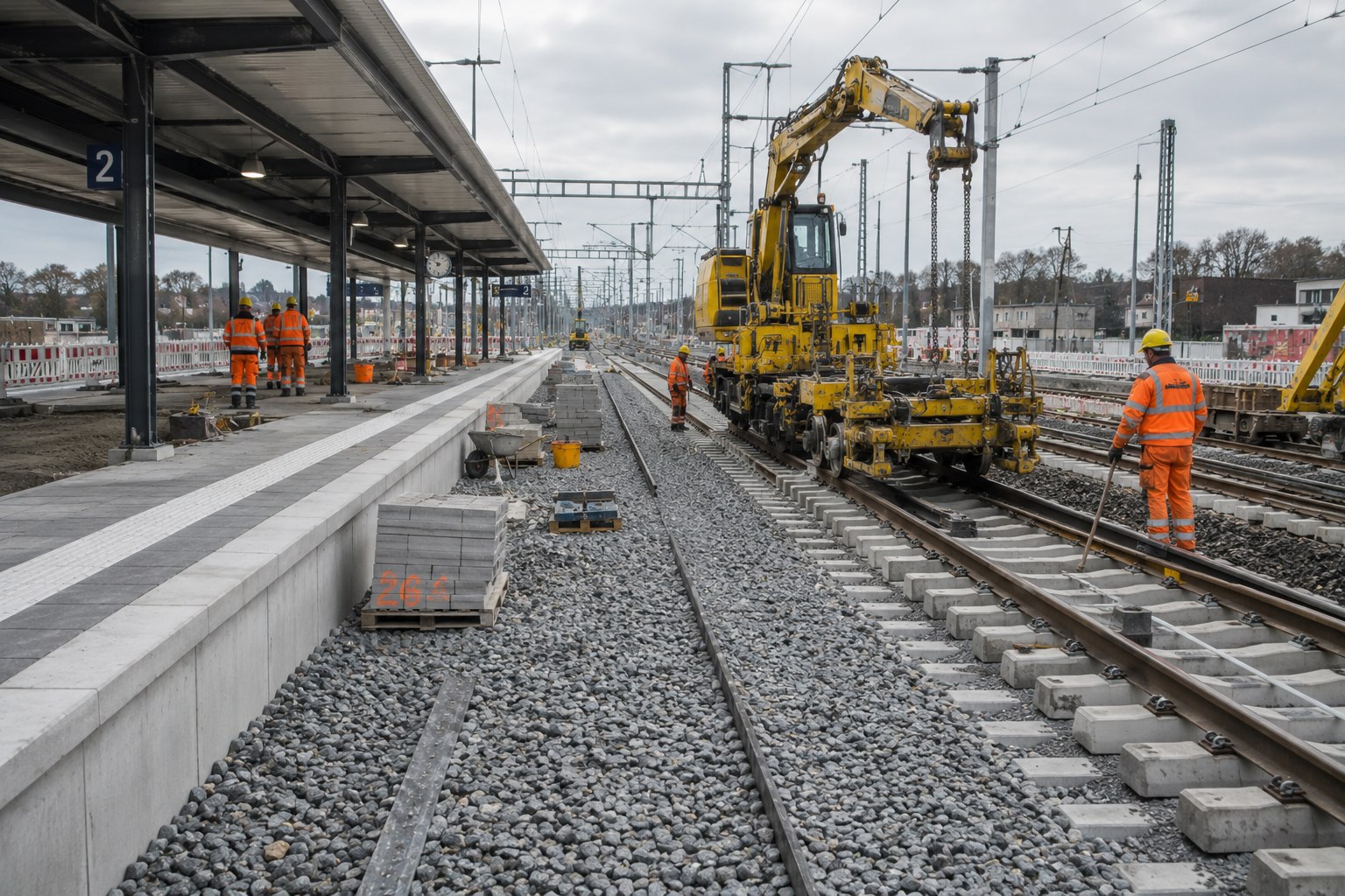 Bahnbaustelle mit Gleisbau, Schotterbett und Bahnsteig