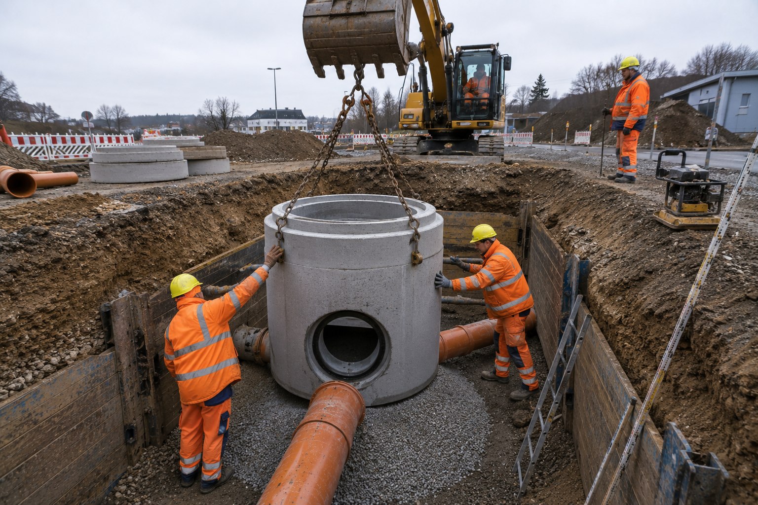 Einbau eines Betonschachts mit Bagger in den Rohrgraben