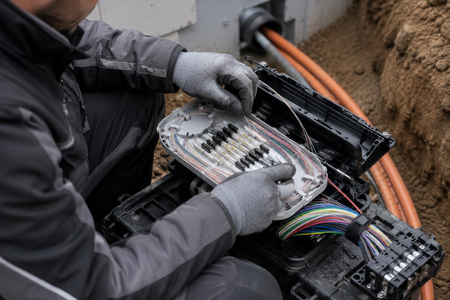 GOLDTEC Mitarbeiter beim Spleißen von Glasfaserkabeln