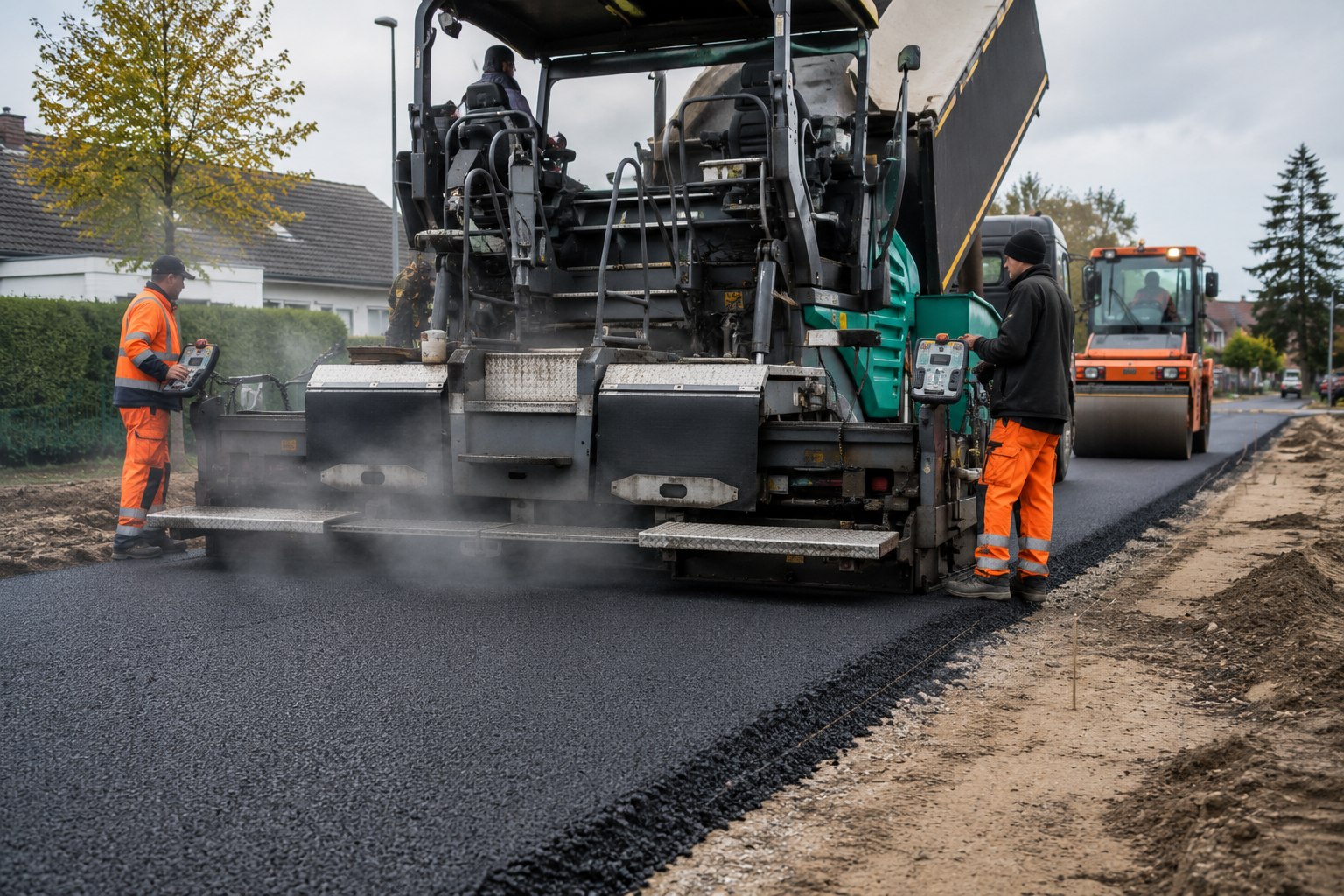 Asphaltfertiger beim Einbau der Asphaltdecke mit Bauteam