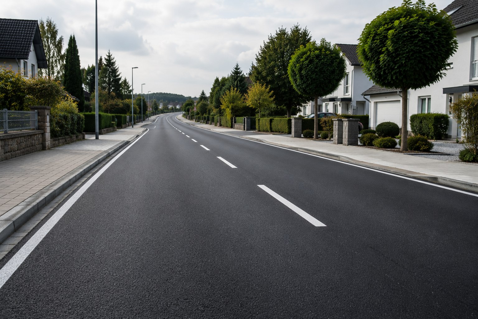 Fertige, neue Asphaltstraße mit frischer Fahrbahnmarkierung