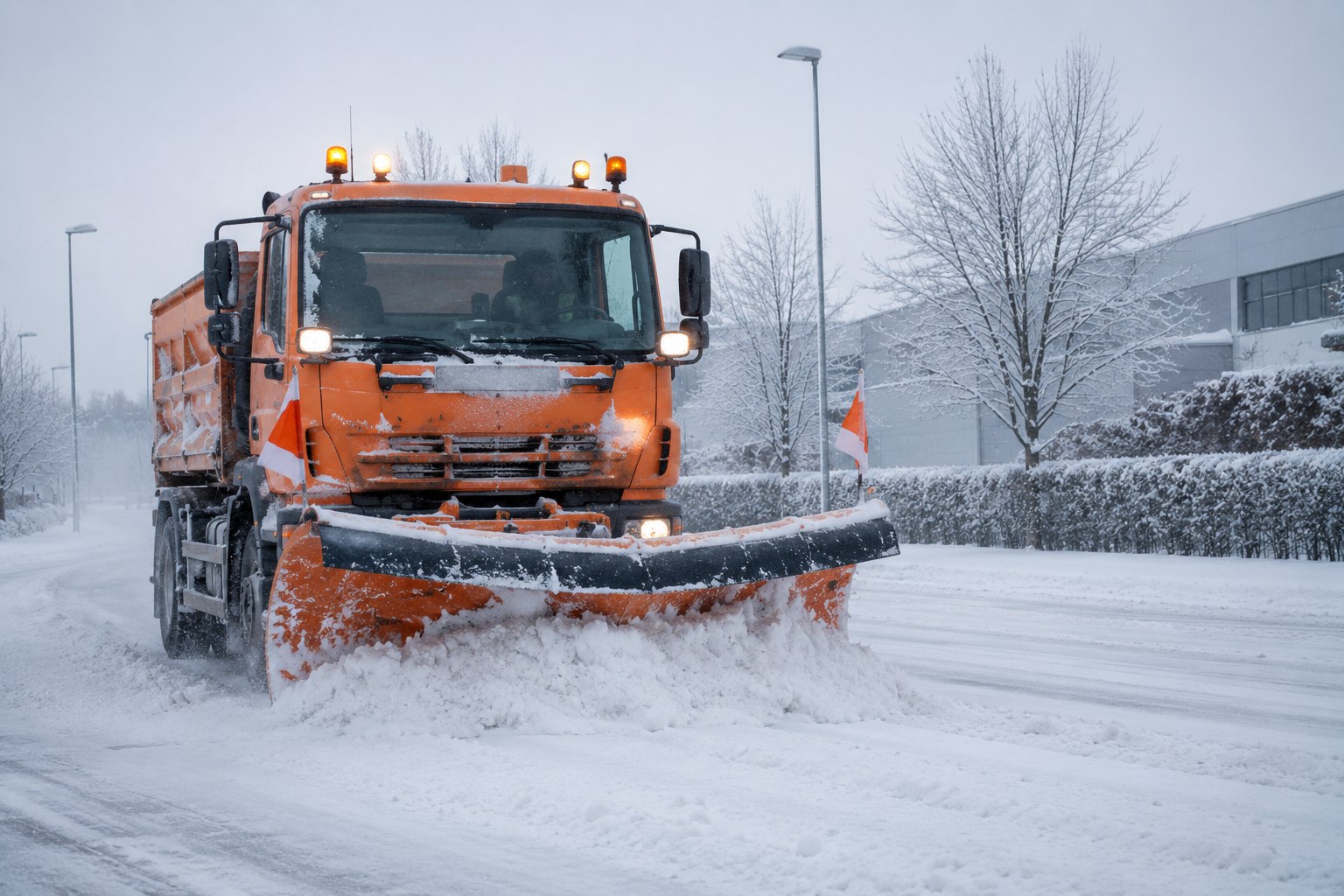 Winterdienst-Fahrzeug mit Schneepflug räumt eine verschneite Straße