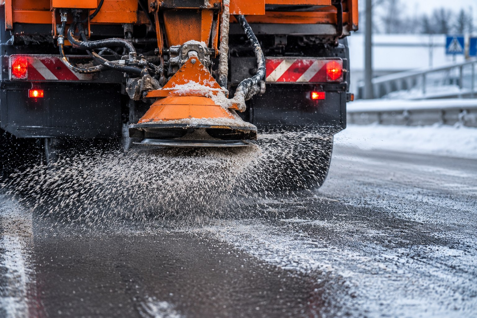 Streufahrzeug verteilt Streugut gegen Glätte auf der Straße