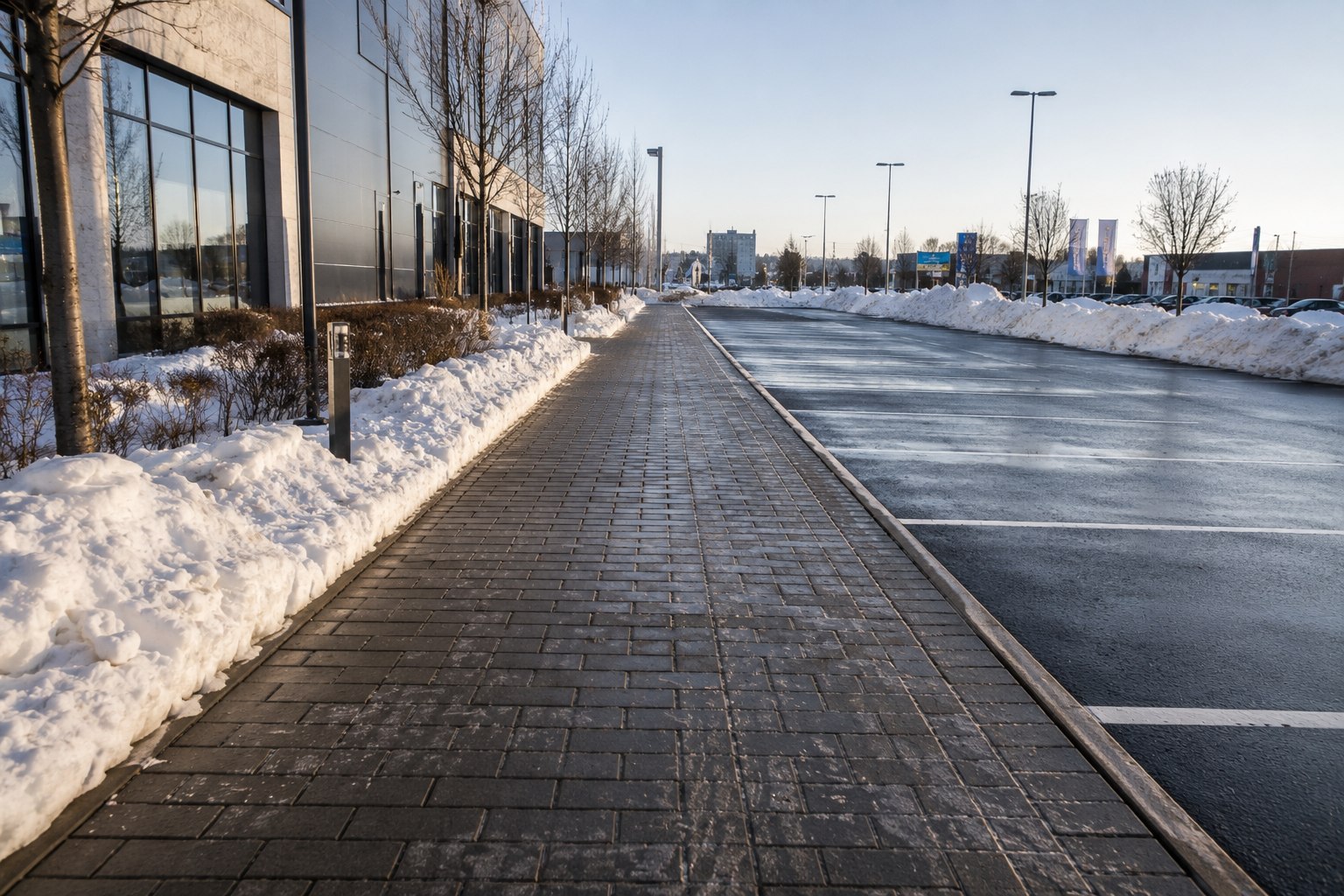 Geräumter, gestreuter Gehweg und freie Fläche im Winter